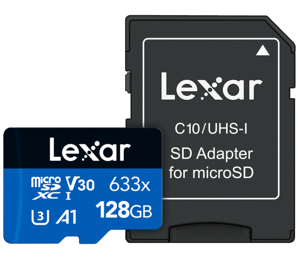 The Lexar 633x 128GB microSDHC/microSDXC UHS-I Blue Series Card