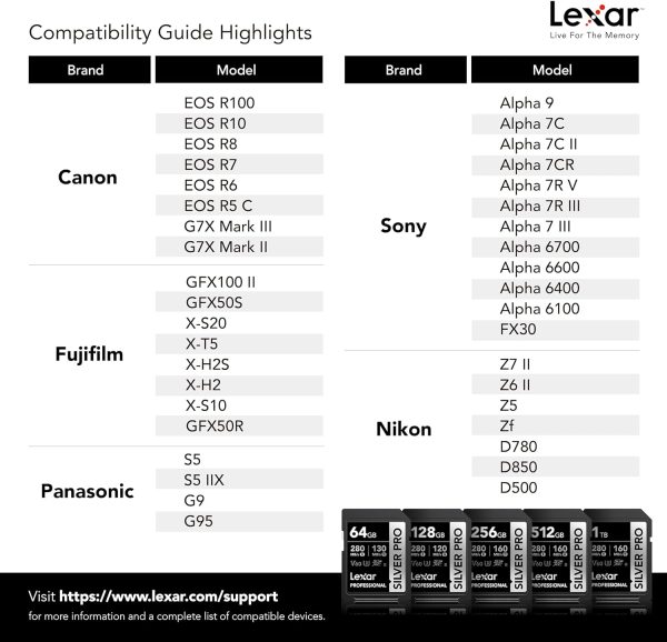 The Lexar® 64GB Professional 1667x SDXC™ UHS-II SILVER Series Card